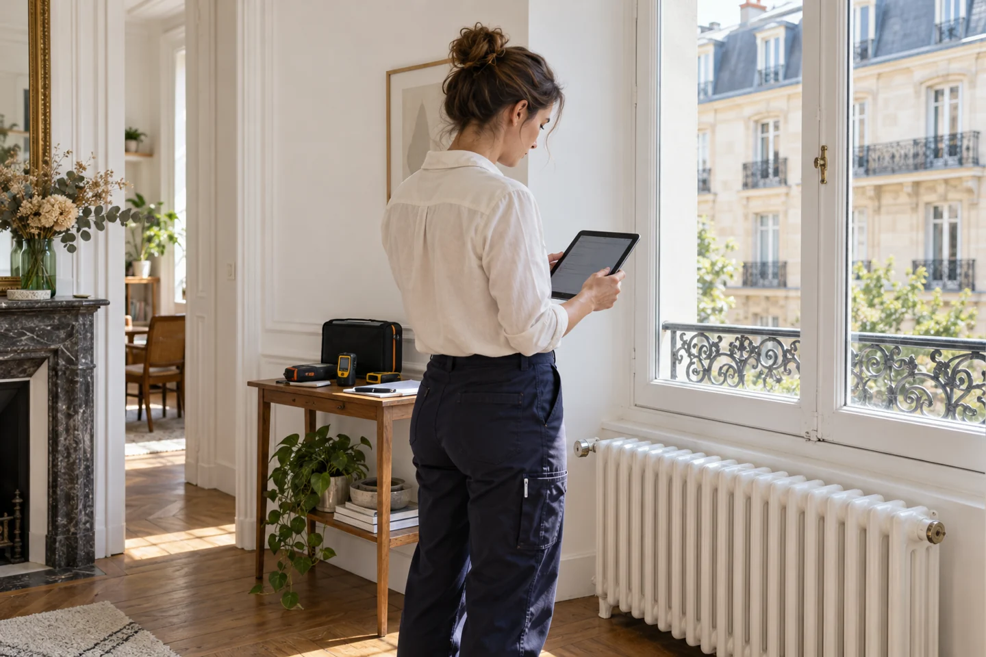 Illustration d’une professionnelle du diagnostic immobilier utilisant une tablette dans un appartement